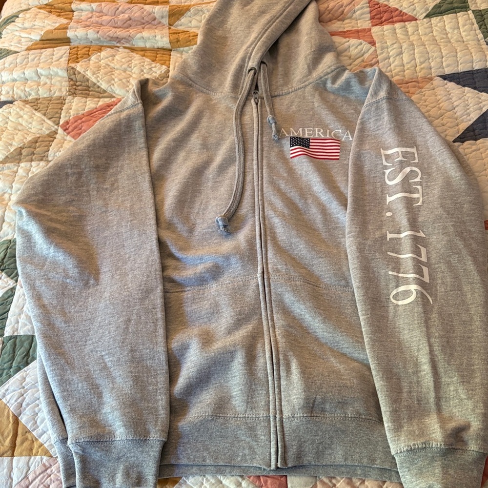 Gray Zip-Up Hoodie with American Flag